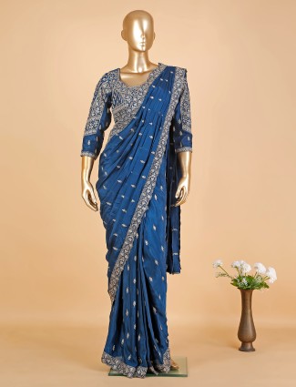 Stylish dark blue silk ready to wear saree