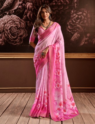 Stylish floral printed pink silk saree