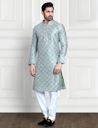 Stylish mint green printed silk kurta suit