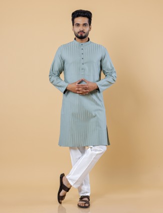 Stylish mint green stripe cotton kurta suit
