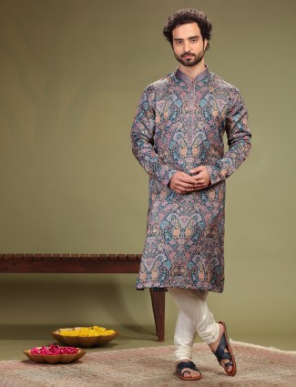 Stylish navy printed silk kurta suit