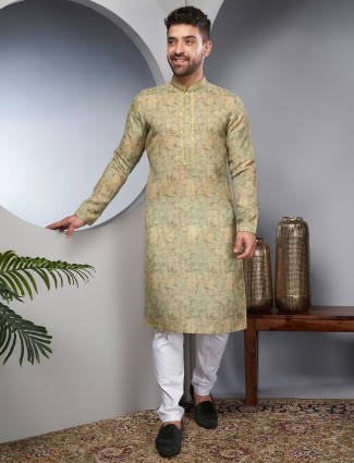 Stylish olive linen cotton kurta suit
