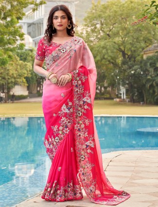 Stylish pink soft organza saree for wedding