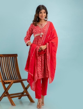 Stylish red cotton printed kurti set