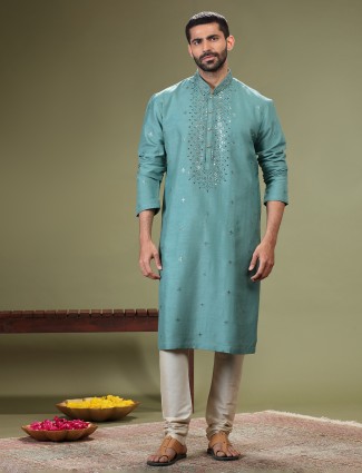 Stylish sea green silk kurta suit for festive