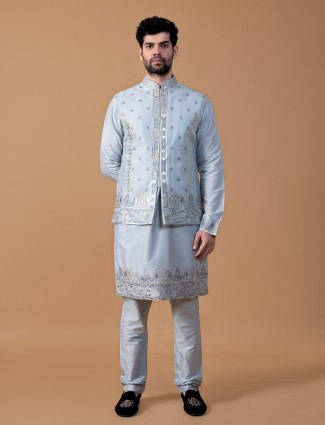 Stylish sky blue raw silk waistcoat set