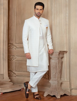 Stylish white silk indowestern