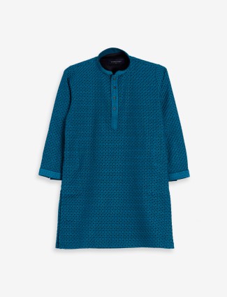Teal blue cotton embroidery kurta suit
