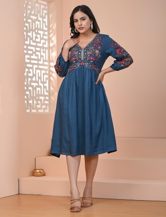 Teal blue cotton embroidery kurti