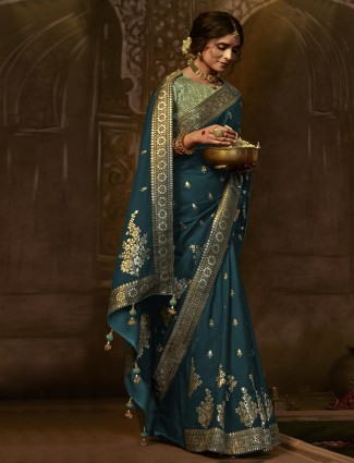 Teal blue dola silk wedding saree