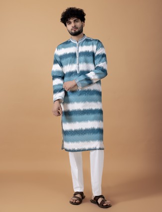 Teal blue printed embroidery kurta suit