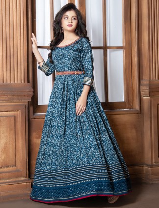 Teal blue silk printed gown for wedding