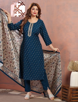 Teal blue silk salwar suit with printed dupatta