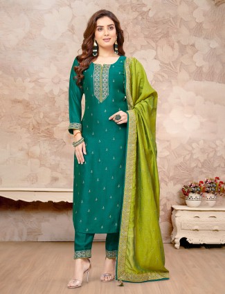 Traditional rama green silk salwar suit