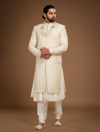 Trendy beige embroidery sherwani in raw silk