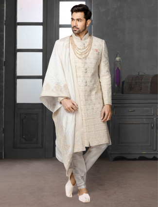 Trendy beige silk chikan style sherwani set
