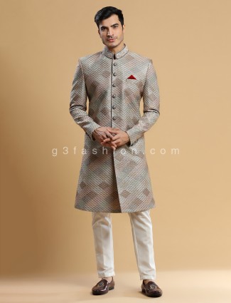 Trendy beige silk indowestern for wedding