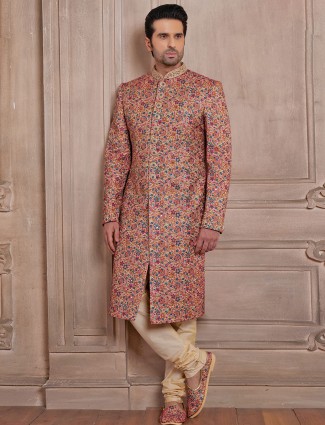 Trendy beige silk sherwani