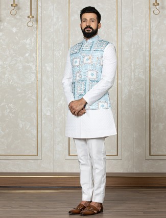Trendy blue and white silk waistcoat set