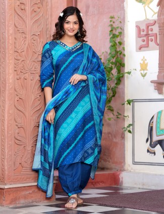 Trendy blue printed kurti set in silk