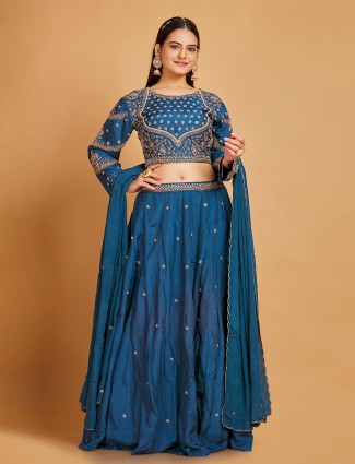 Trendy blue wedding lehenga choli in silk