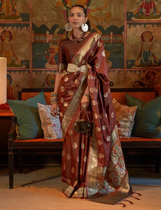 Trendy brown silk wedding saree
