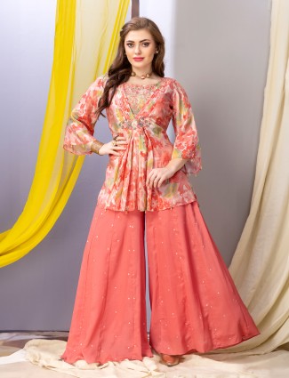 Trendy coral pink printed palazzo suit
