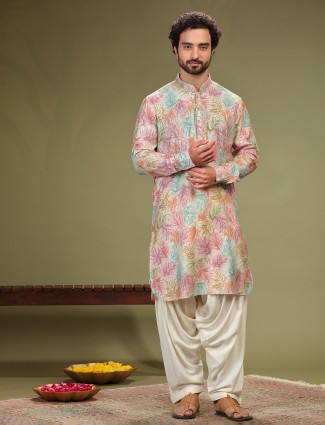Trendy cream and pink printed kurta suit