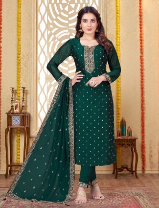 Trendy dark green silk salwar suit