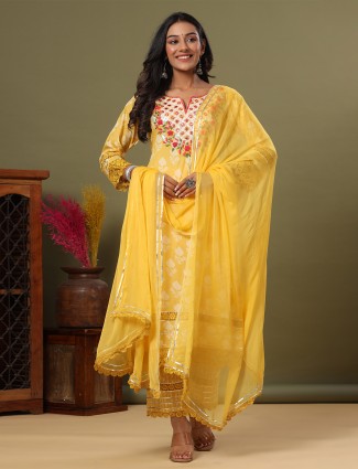 Yellow embroidered kurti with white printed palazzo - Kurti Fashion