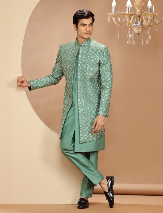 Trendy green embroidery indowestern
