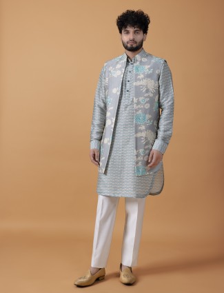 Trendy grey cotton printed waistcoat set