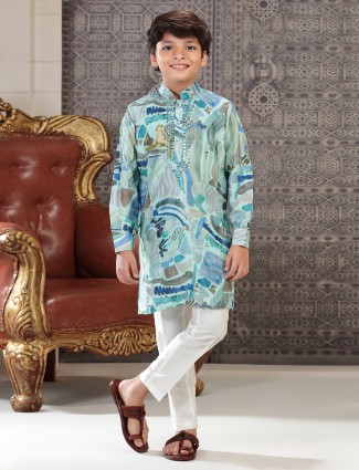 Trendy light blue printed kurta suit in silk