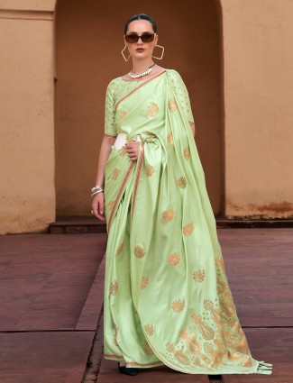 Trendy light green satin saree
