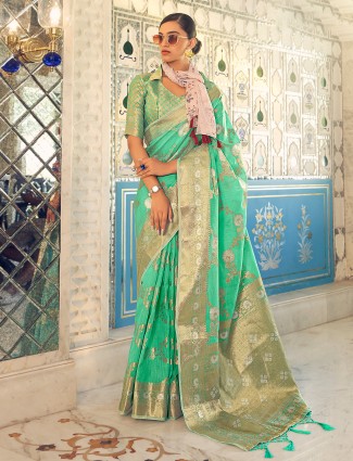 Trendy linen sea green saree
