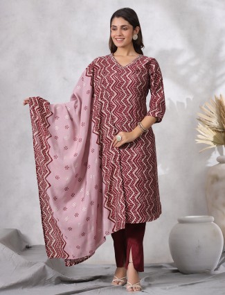 Trendy maroon cotton printed casual kurti set