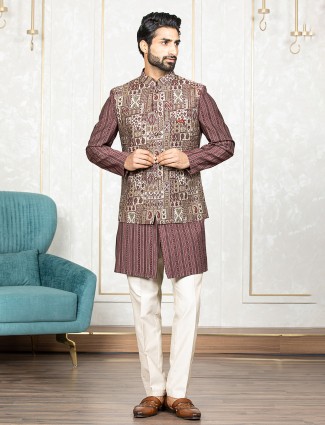 Trendy maroon printed waistcoat set