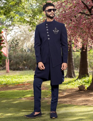 Trendy navy terry rayon indowestern for men