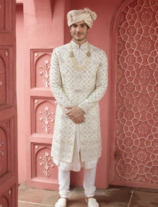Trendy off white raw silk sherwani