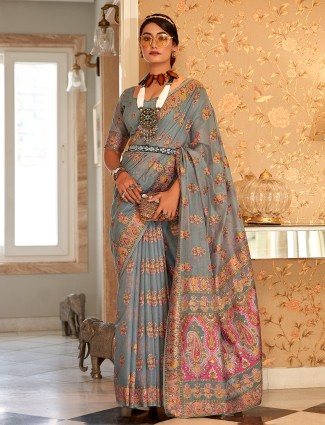 Trendy pashmina silk grey saree