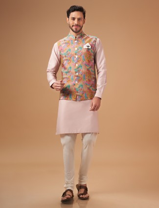 Trendy pink printed waistcoat set