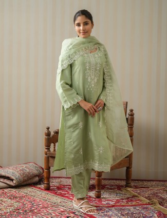Trendy pista green cotton kurti set
