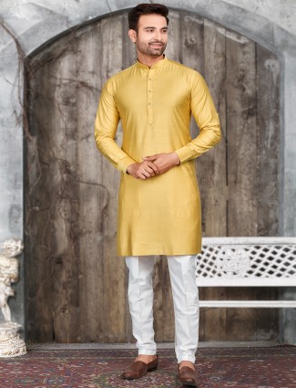 Trendy plain yellow silk kurta suit