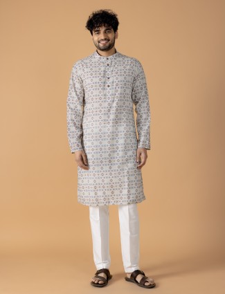 Trendy printed off white kurta suit in cotton