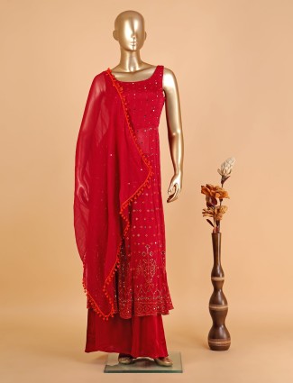 Trendy red georgette palazzo suit