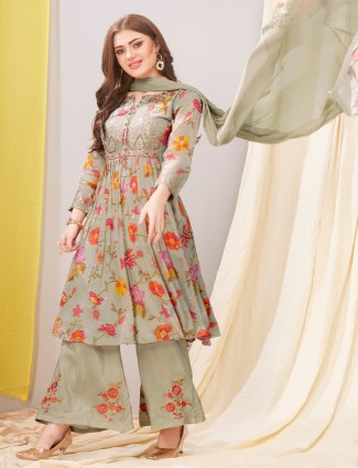 Trendy sage green floral printed palazzo suit