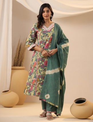 Trendy sage green printed kurti set in silk