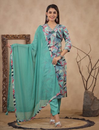 Trendy sea green silk printed kurti set