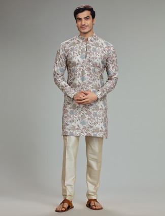 Trendy silk cream kurta suit for festive