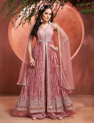 Trendy silk front slit palazzo suit in pink